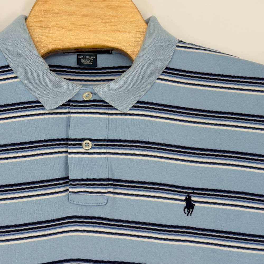 Polo Ralph Lauren Polo Shirt Mens L Blue Striped Cotton Short Sleeve Classic